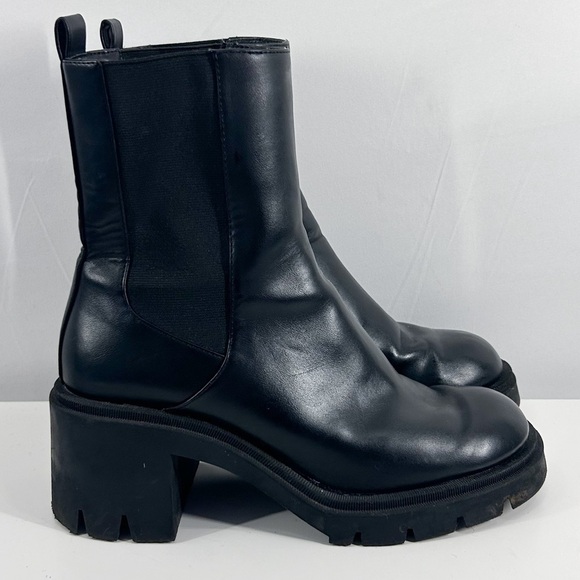 Zara Black Leather Chelsea Ankle Boots Track Sole Platform Size 8 - Picture 3 of 9